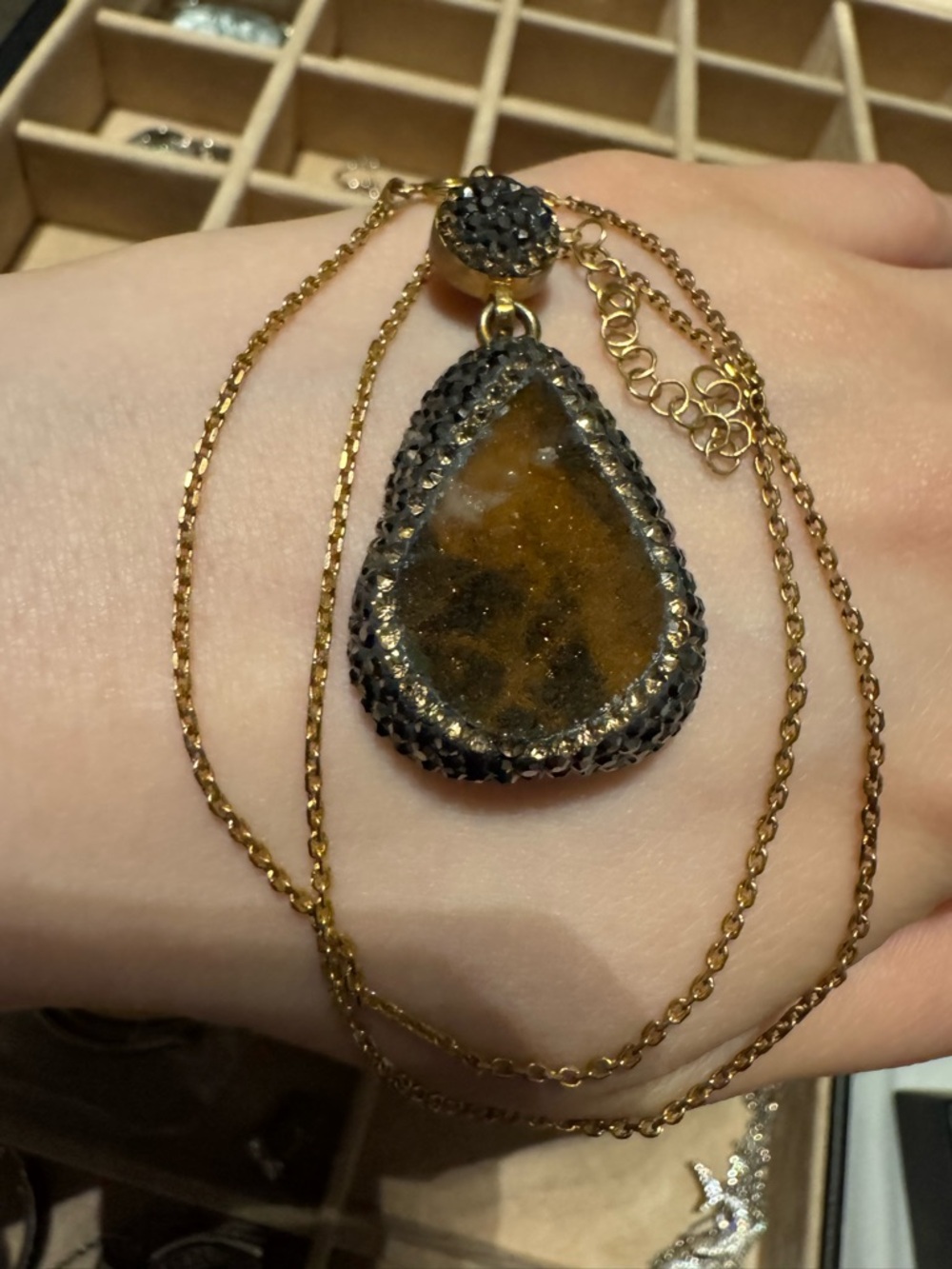 Gold plated sterling silver druzyTeardrop Brown Stone Pendant Necklace